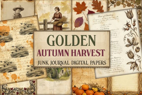 Golden Autumn Harvest Junk Journal Pages