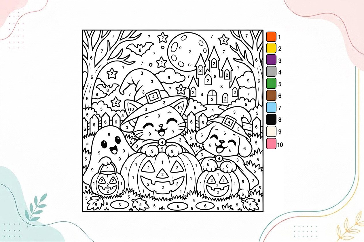 Halloween Cat & Puppy Coloring Page