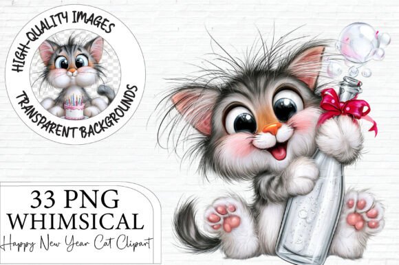 Happy New Year Cat Clipart PNG Bundle