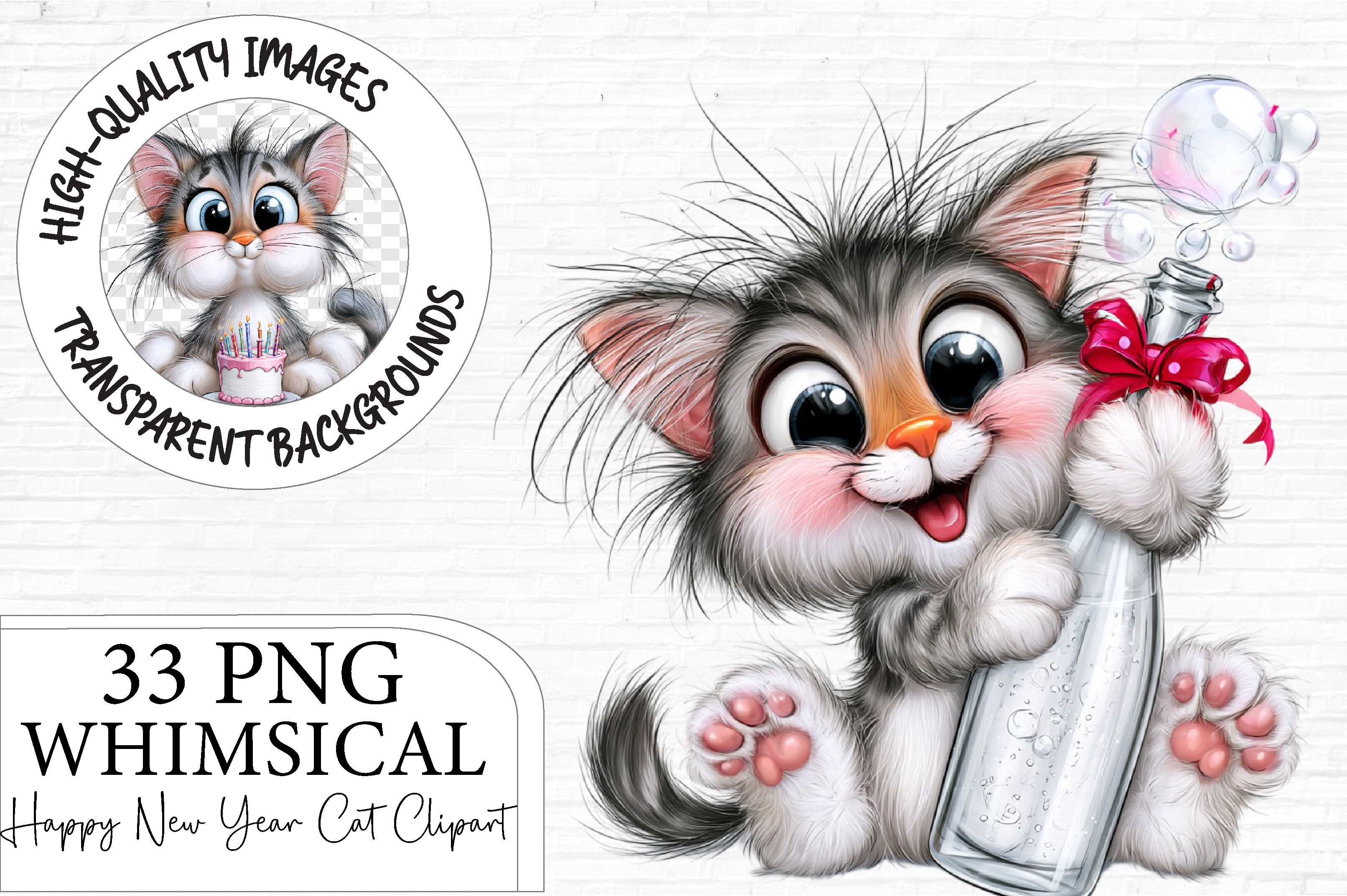 Happy New Year Cat Clipart PNG Bundle