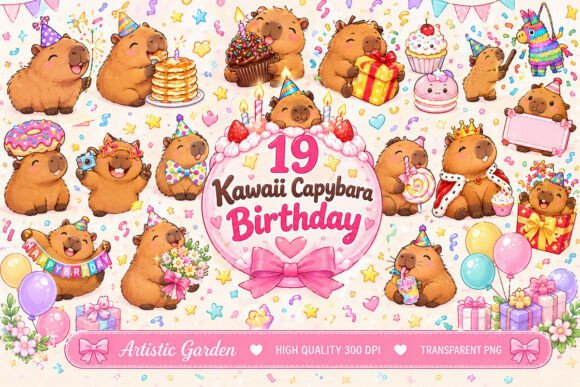 Kawaii Capybara Birthday Clipart Bundle