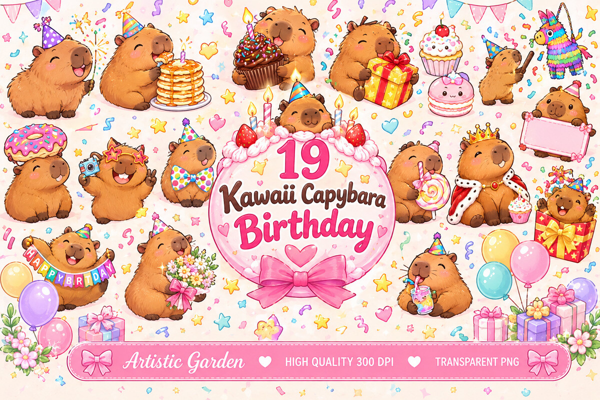 Kawaii Capybara Birthday Clipart Bundle