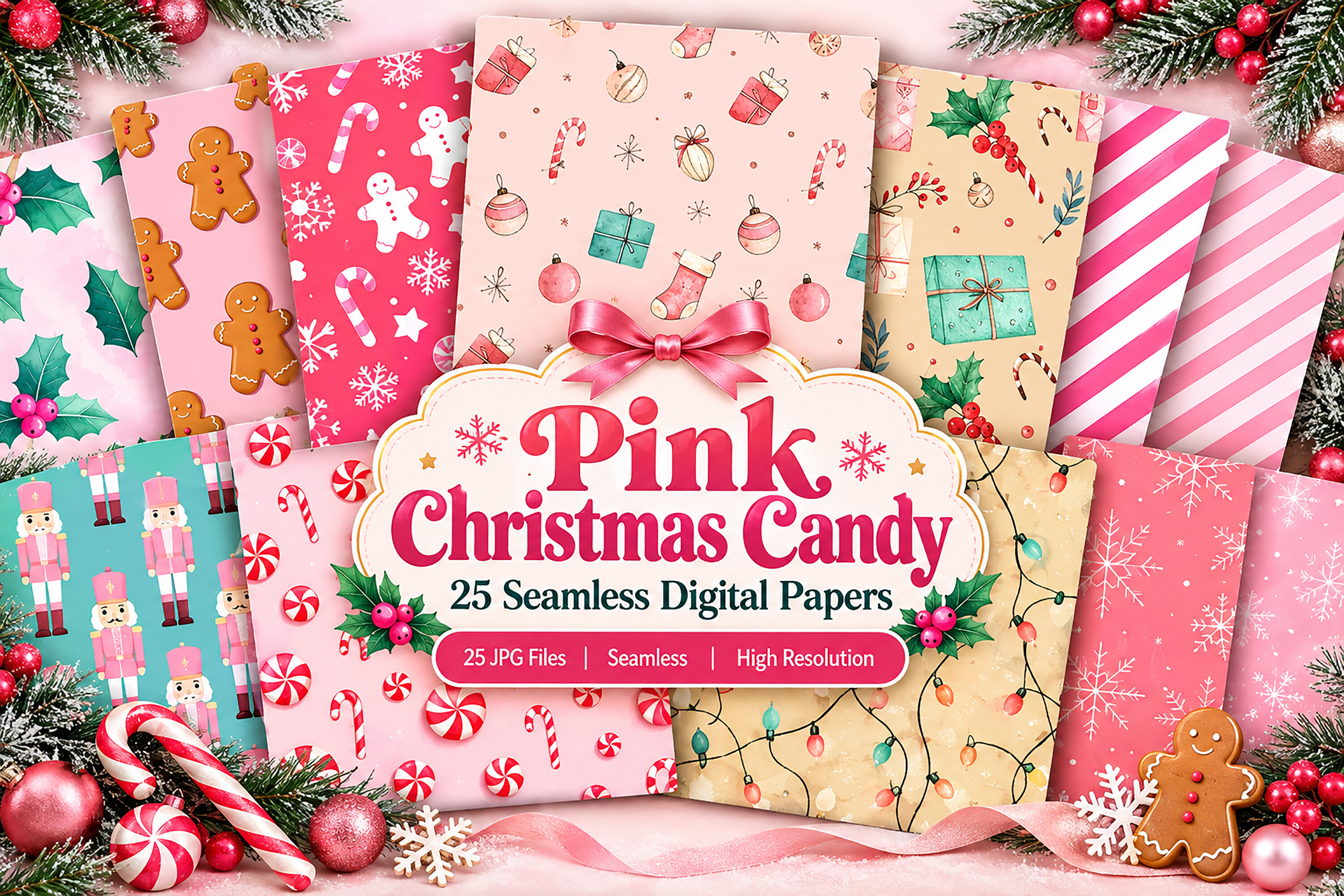 Pink Christmas Candy Digital Seamless