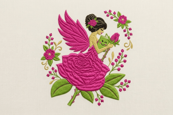 Pink Rose Floral Fairy Embroidery Design