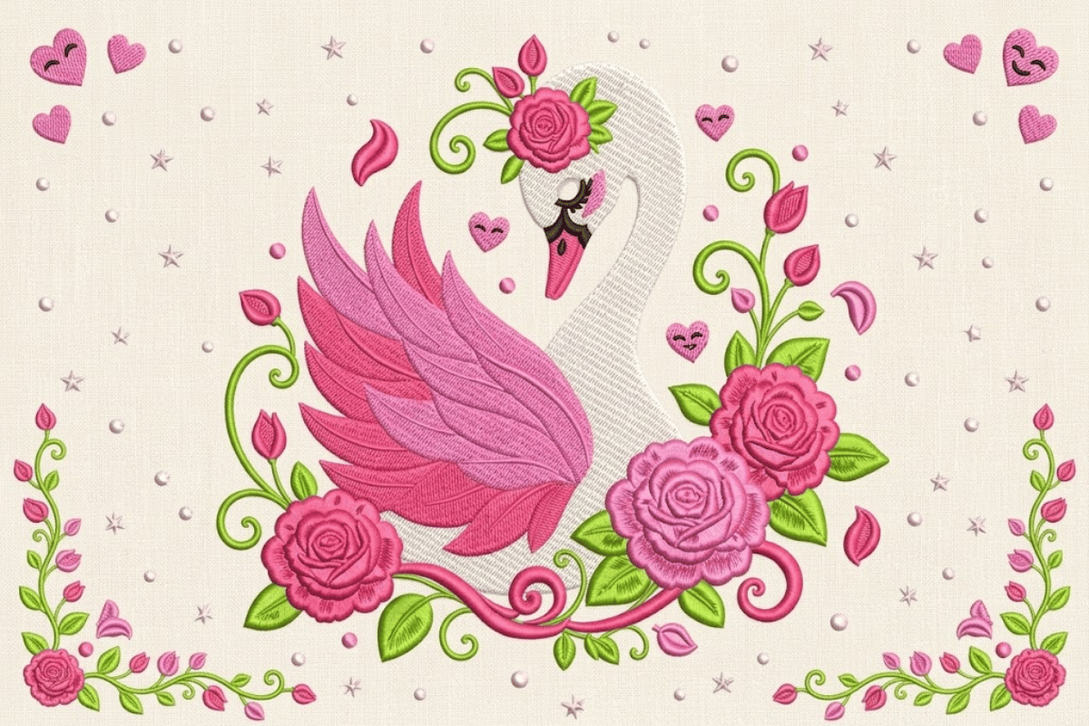 Pink Rose Floral Swan Embroidery Design