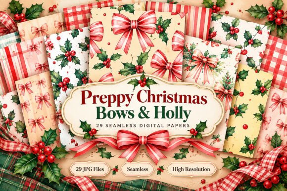 Preppy Christmas Bows & Holly Digital
