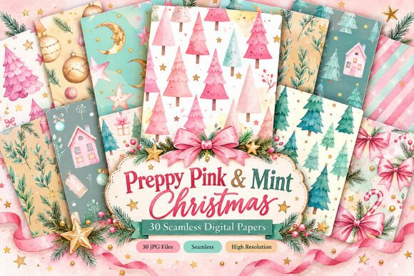 Preppy Pink & Mint Christmas Digital