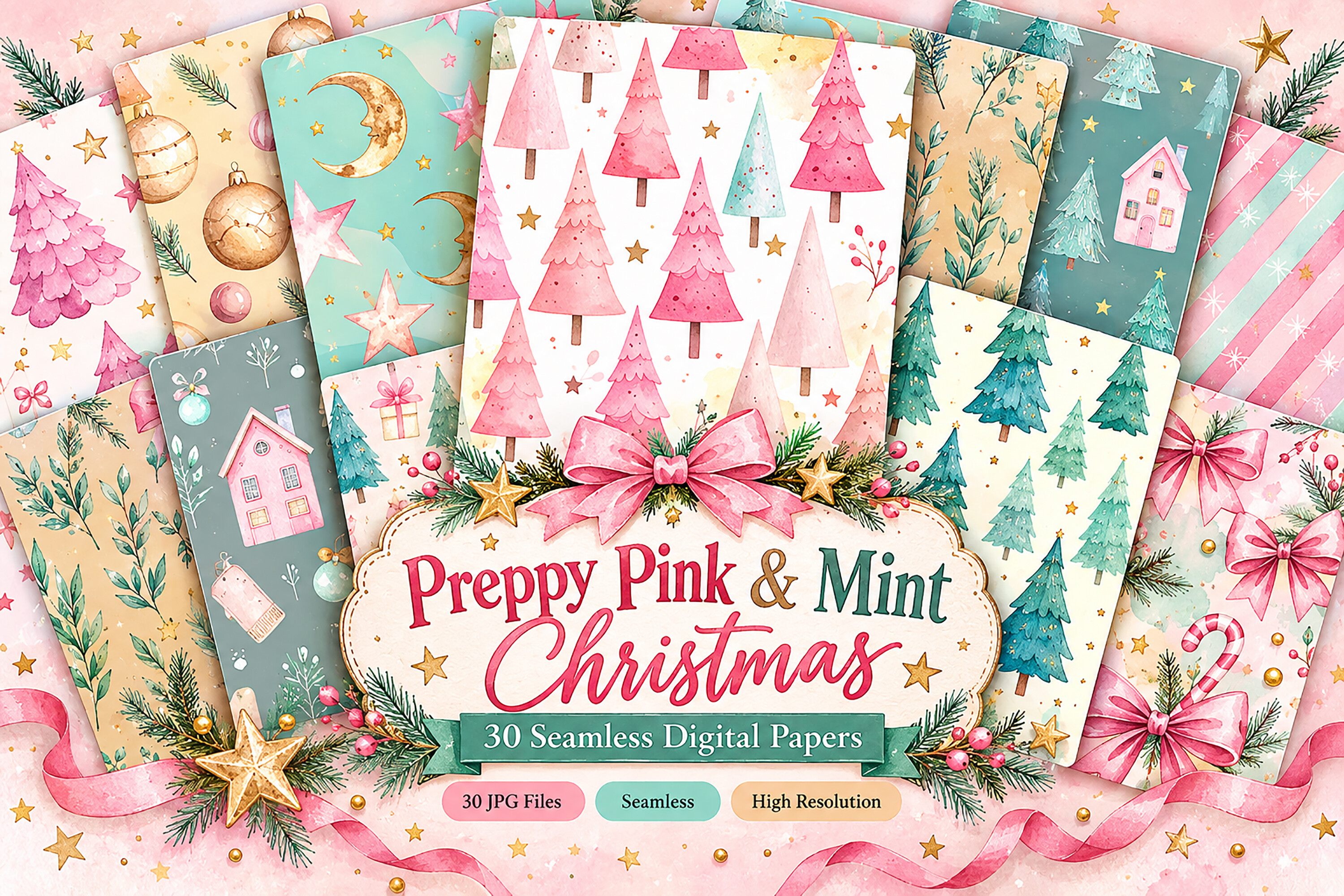 Preppy Pink & Mint Christmas Digital