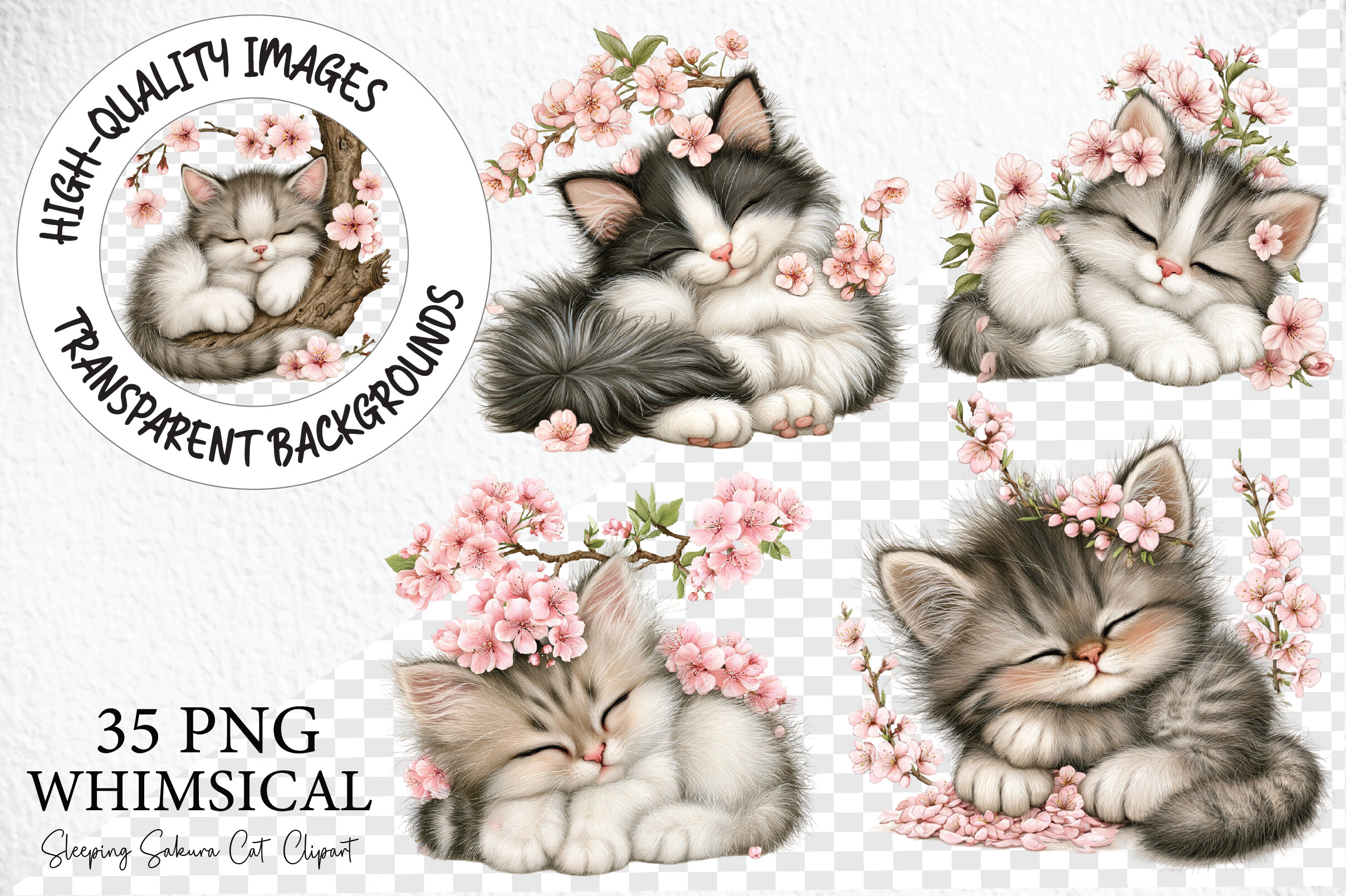 Sleeping Sakura Cat Watercolor Clipart