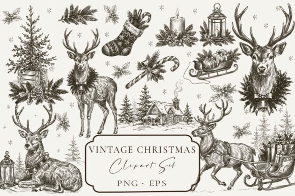 Vintage Christmas Clipart Bundle, Rustic