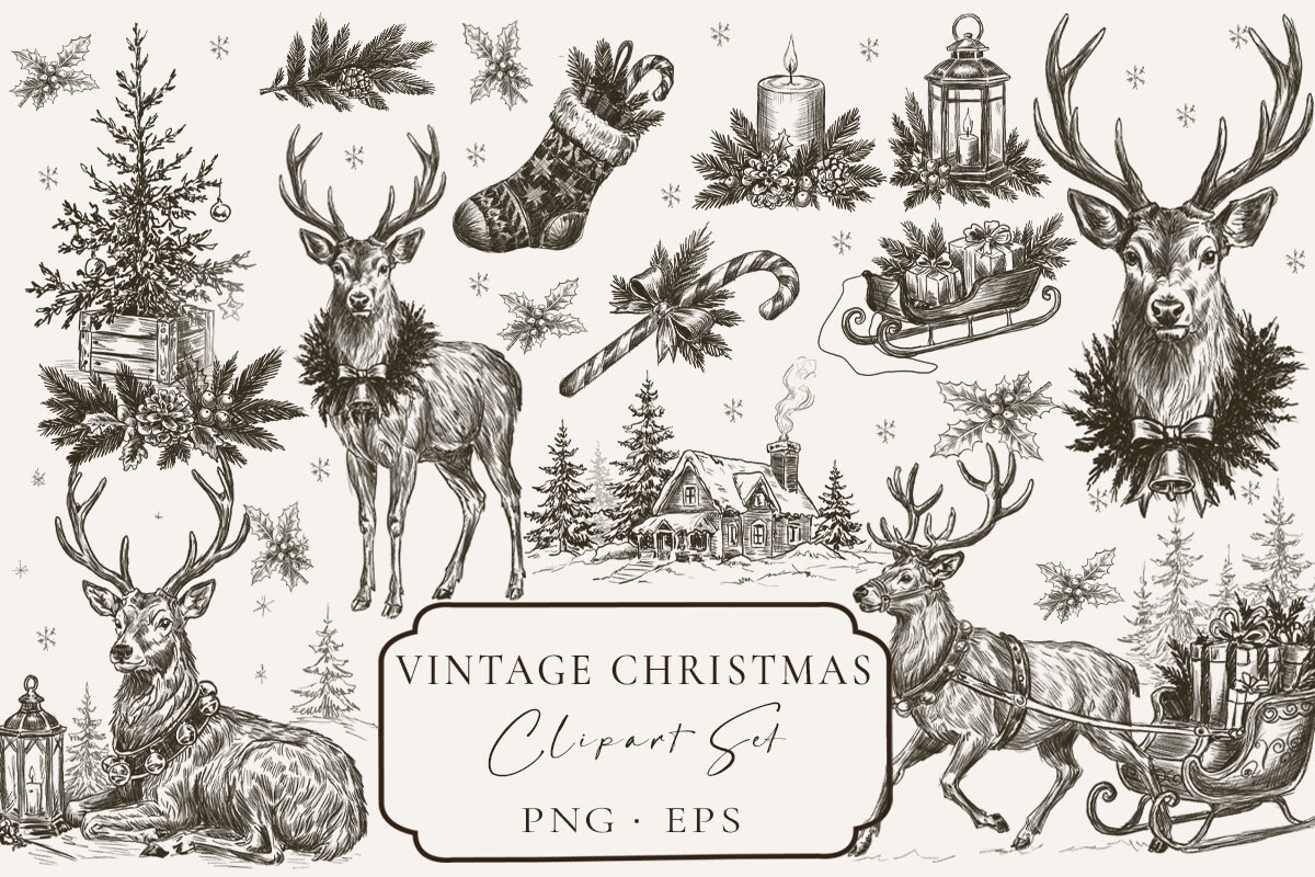 Vintage Christmas Clipart Bundle, Rustic