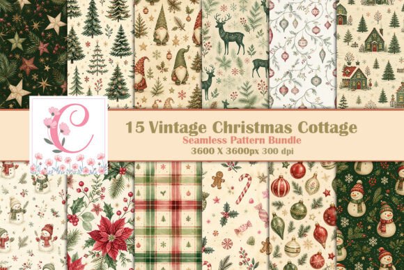 Vintage Christmas Cottage Digital Paper