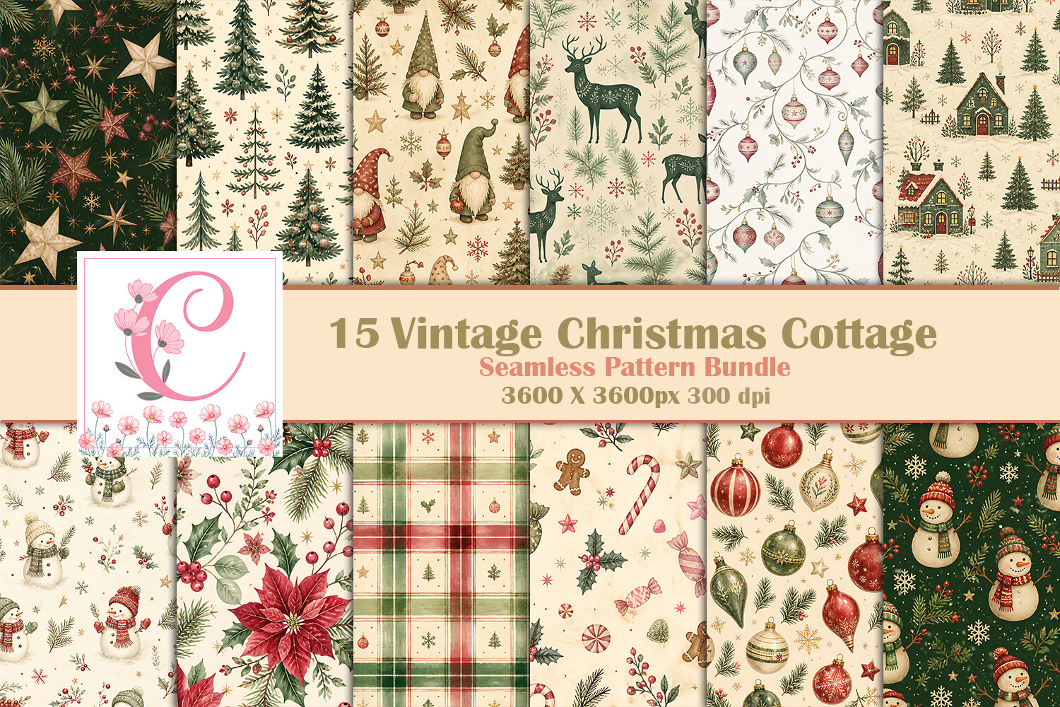 Vintage Christmas Cottage Digital Paper
