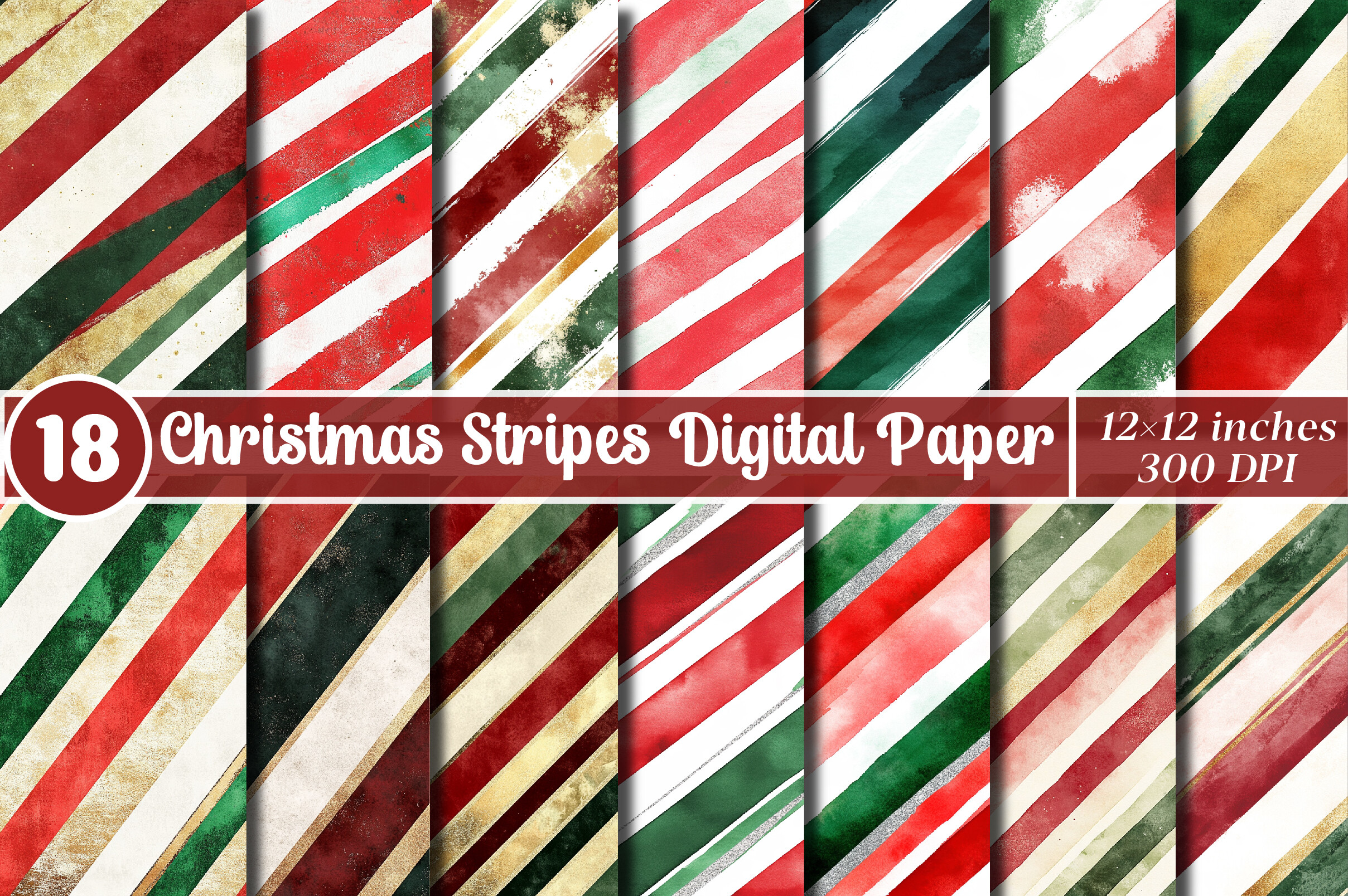 Vintage Christmas Stripes Digital Papers