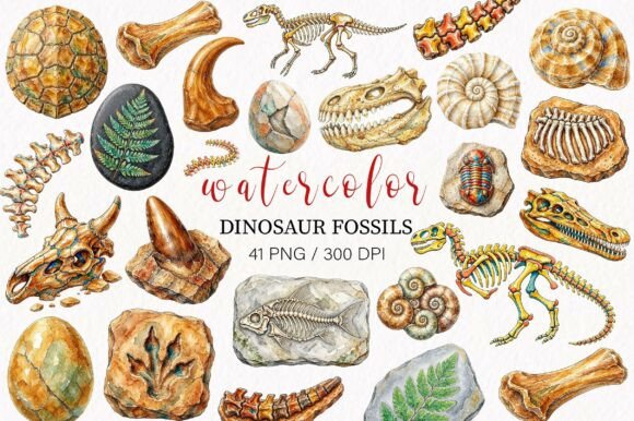 Watercolor Dinosaur Fossils Clipart