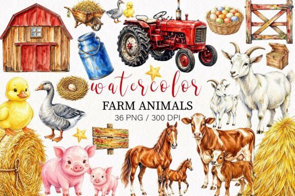Watercolor Farm Animals Clipart PNG