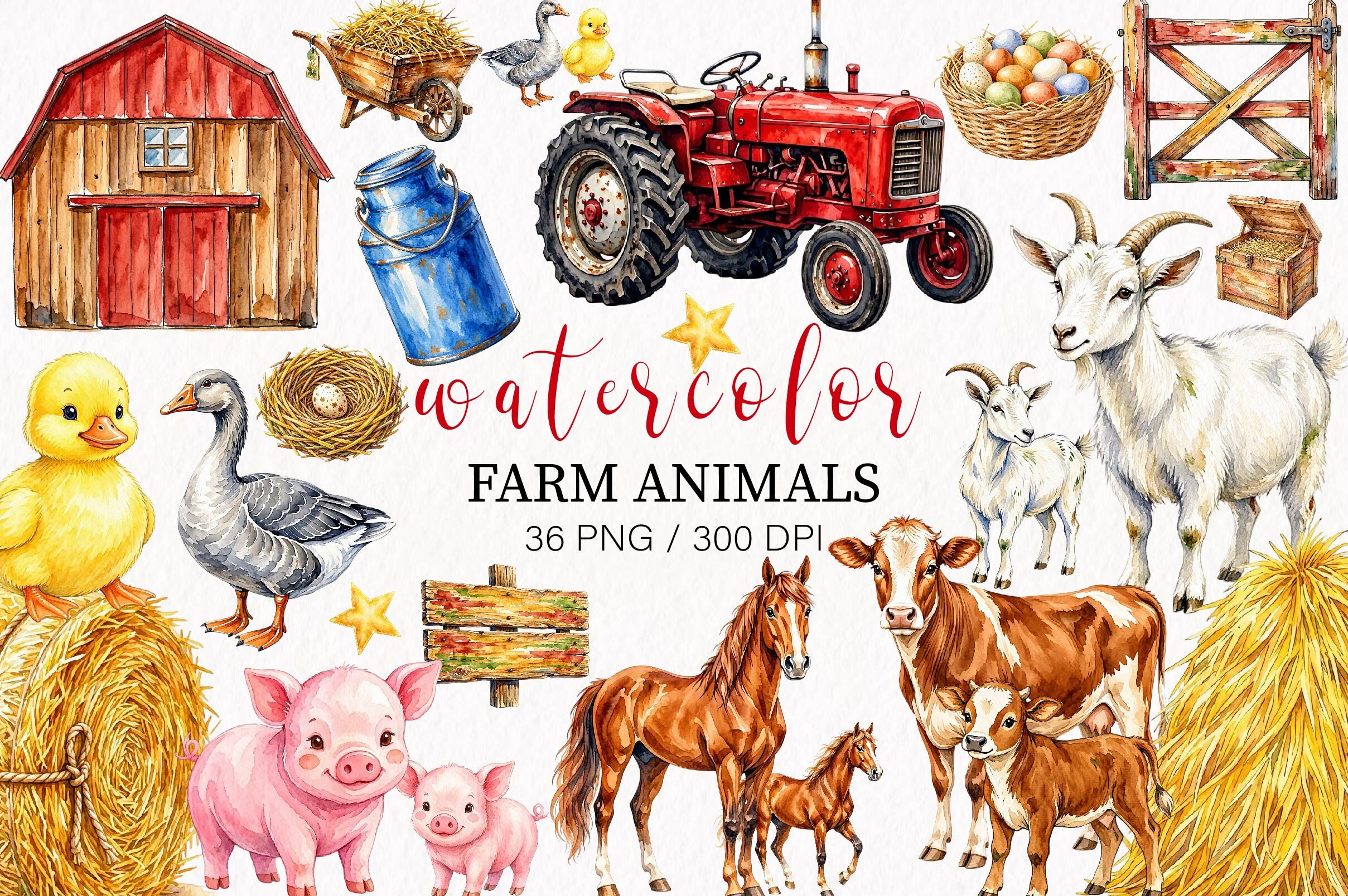 Watercolor Farm Animals Clipart PNG