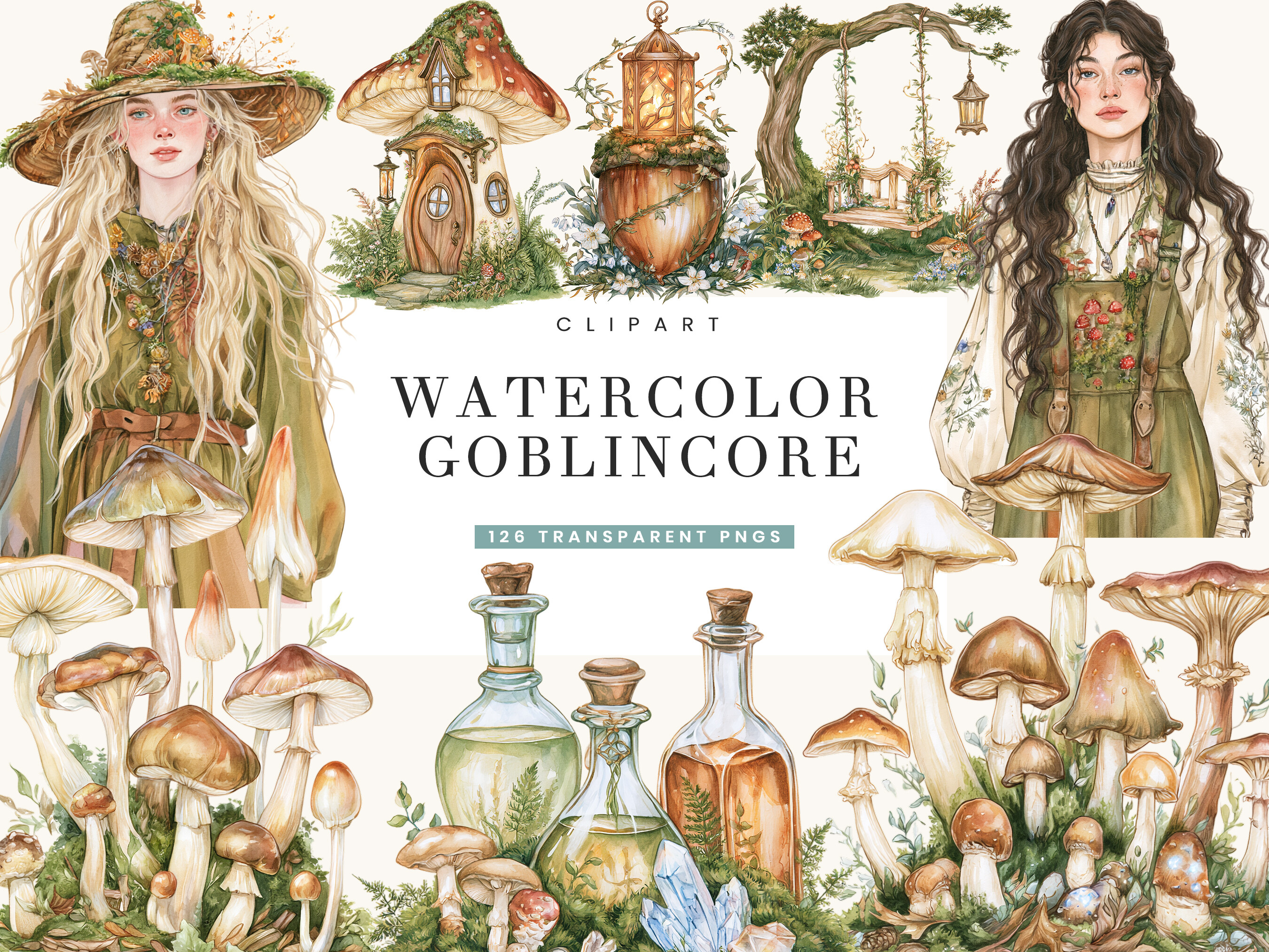 Watercolor Goblincore Clipart Bundle