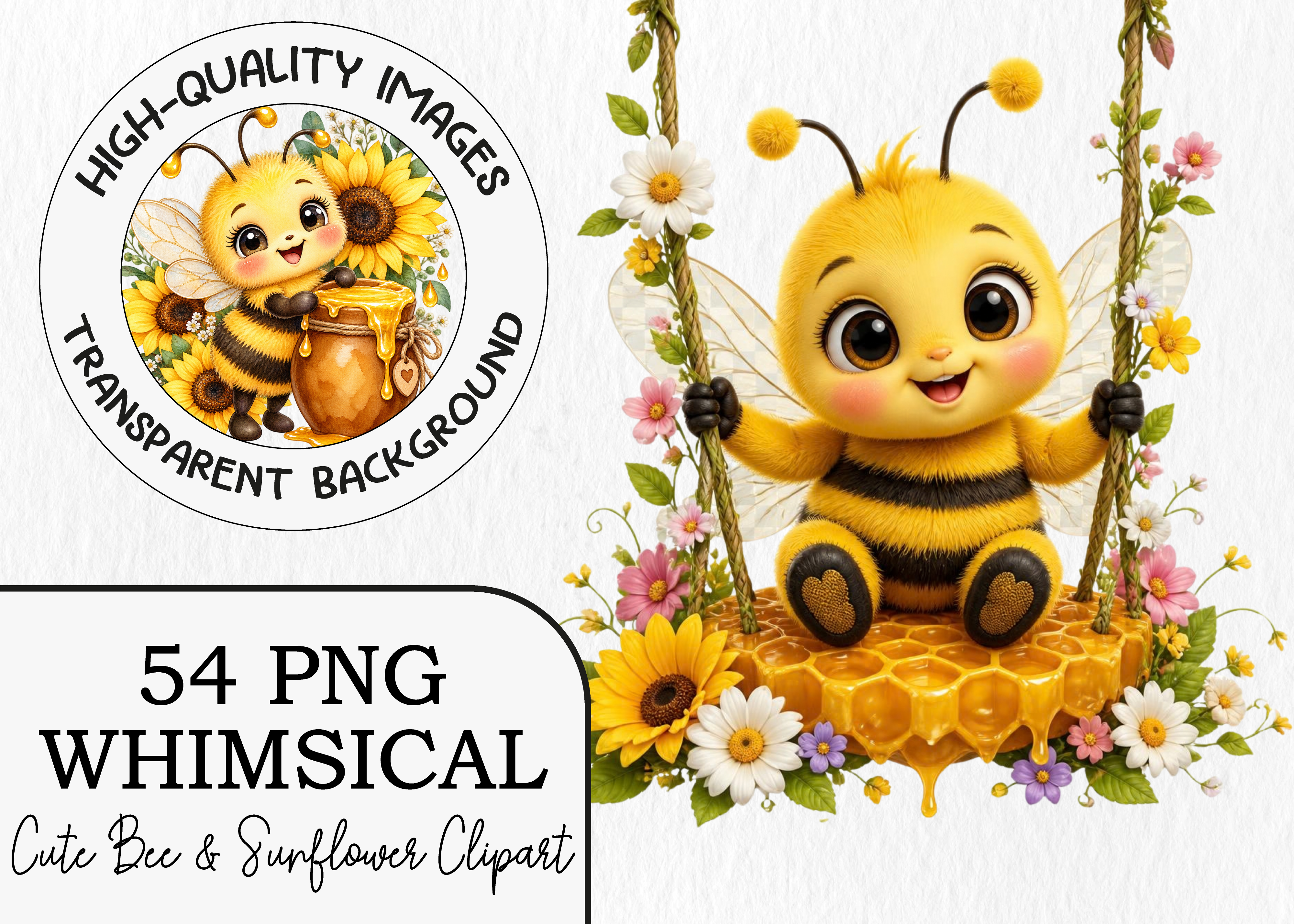 Whimsical Honey Bee & Sunflower Clipart