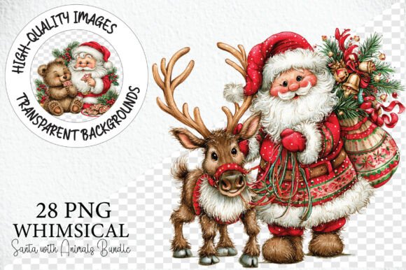 Whimsical Santa with Animals PNG Bundle