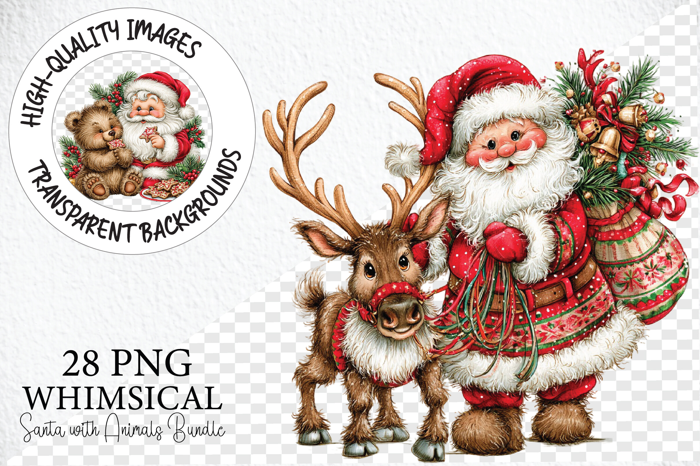 Whimsical Santa with Animals PNG Bundle