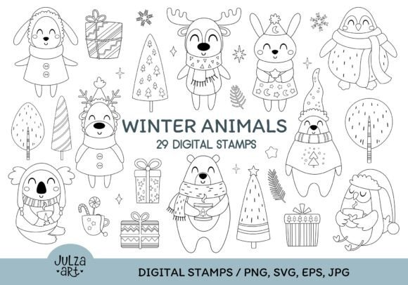 Winter Animals Coloring Book PNG SVG