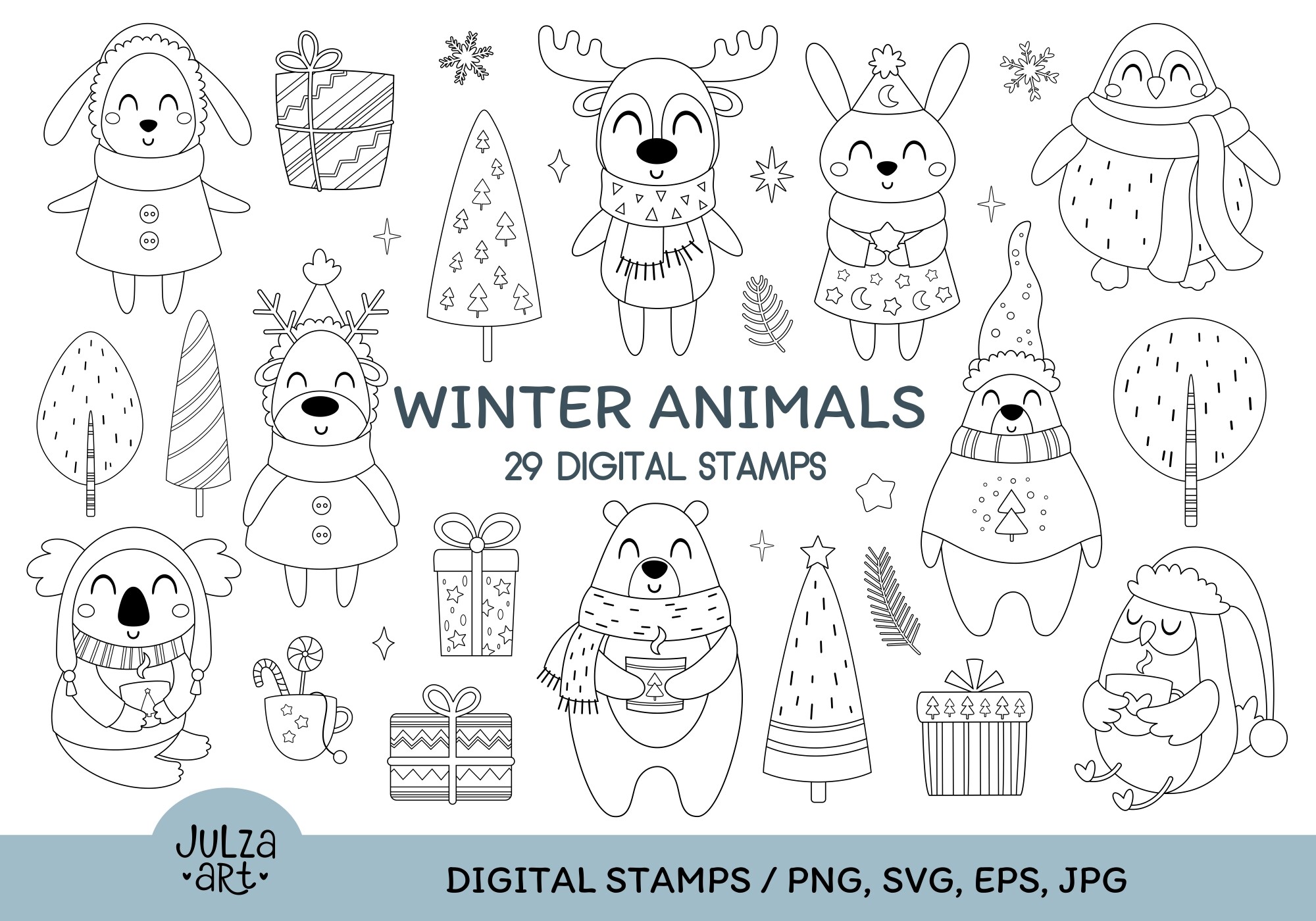 Winter Animals Coloring Book PNG SVG