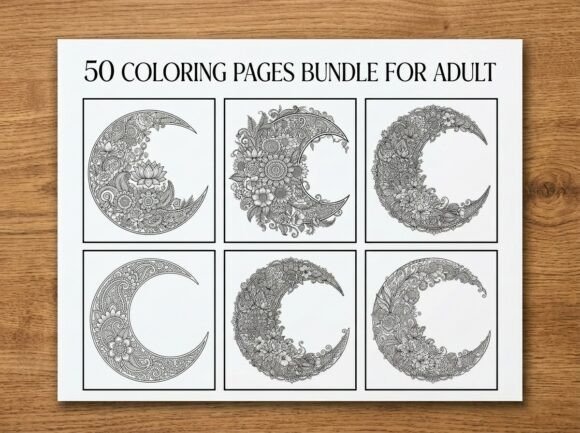 50 Moon Floral Coloring Pages Bundle