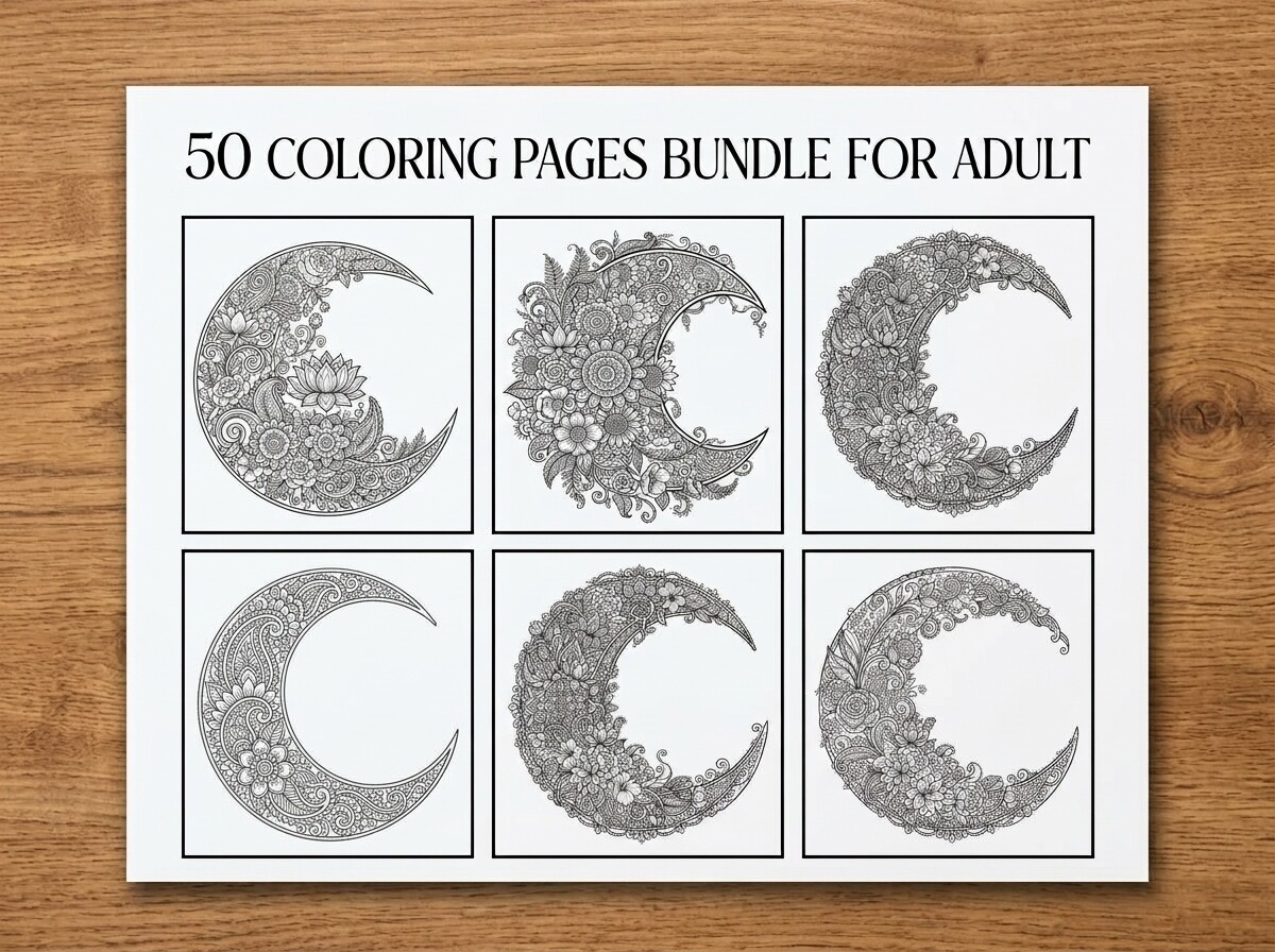 50 Moon Floral Coloring Pages Bundle