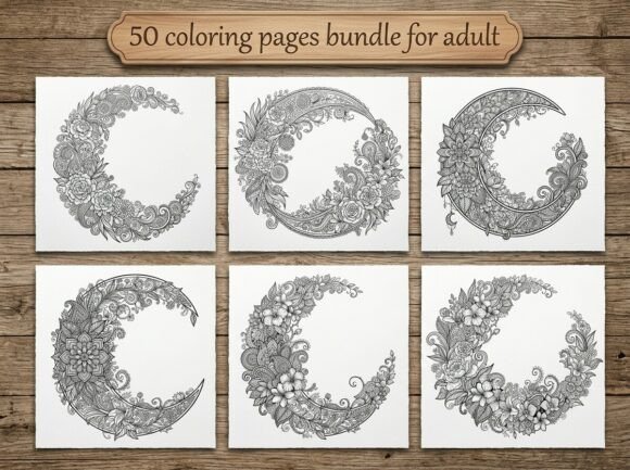 50 Moon Floral Coloring Pages Bundle