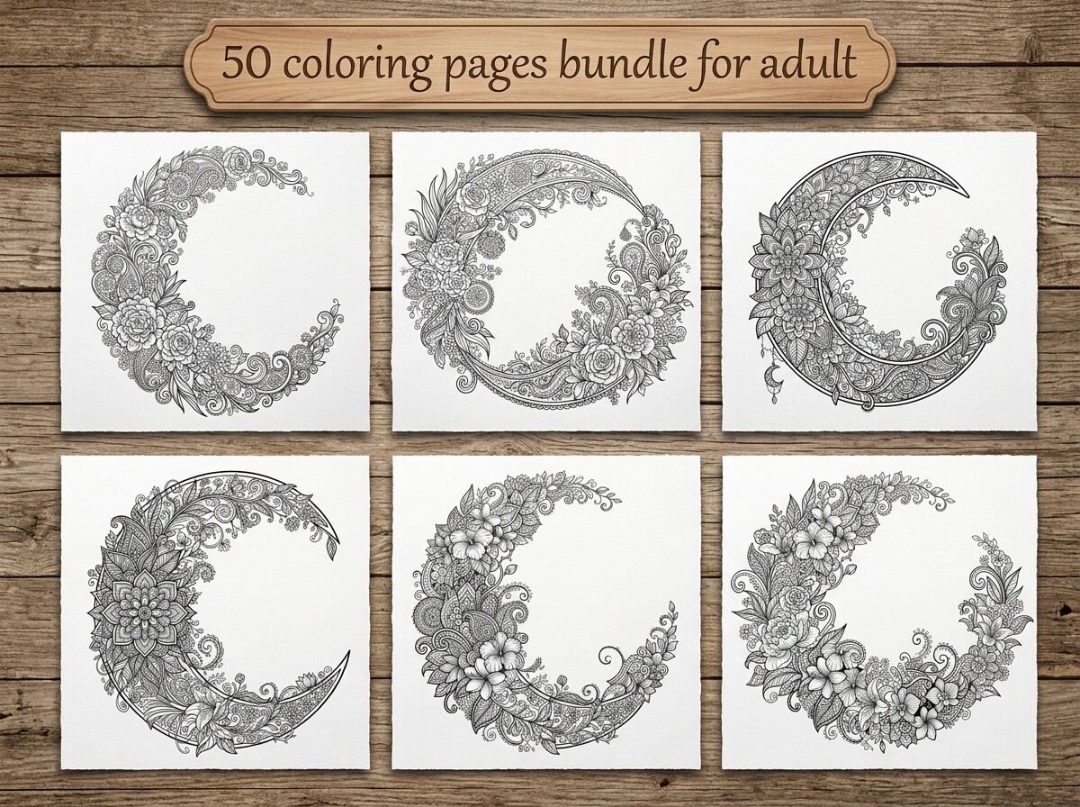 50 Moon Floral Coloring Pages Bundle