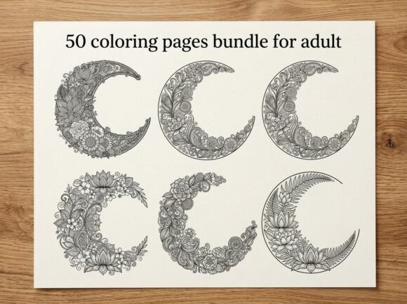 50 Moon Floral Coloring Pages Bundle