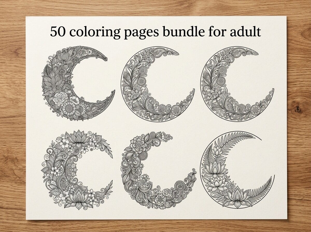 50 Moon Floral Coloring Pages Bundle