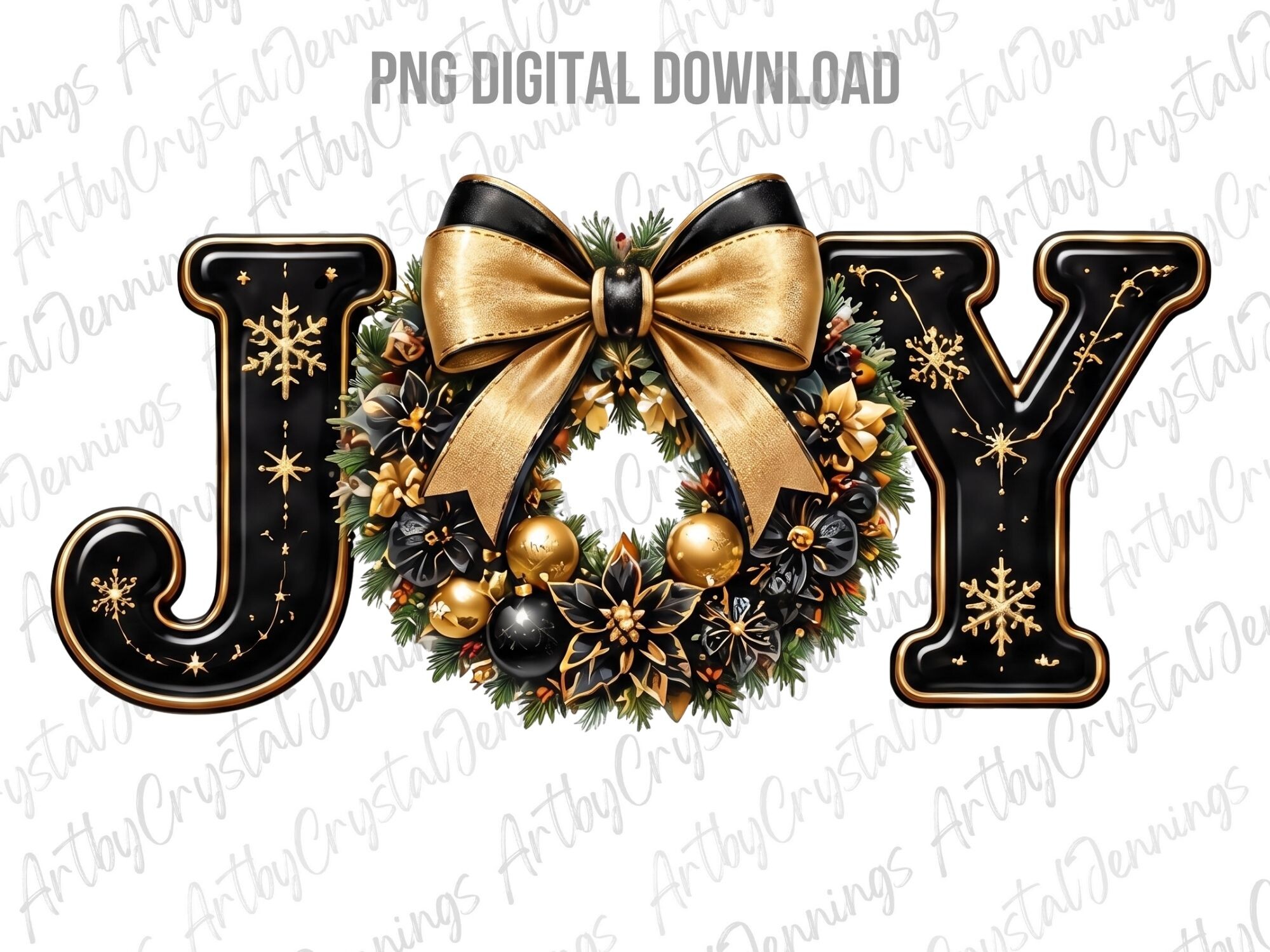 Black Gold Joy Christmas Wreath PNG