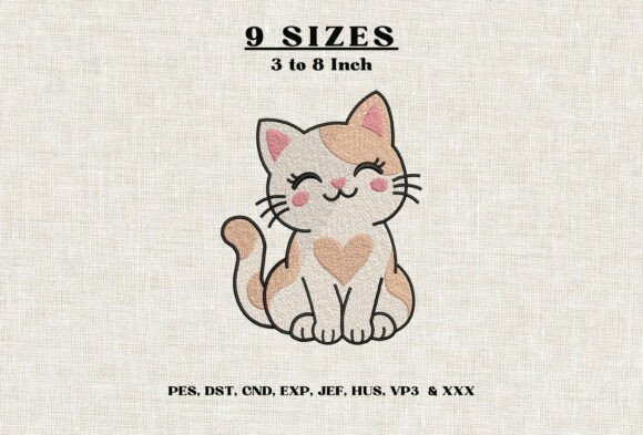 Cute Calico Cat Embroidery Design DST