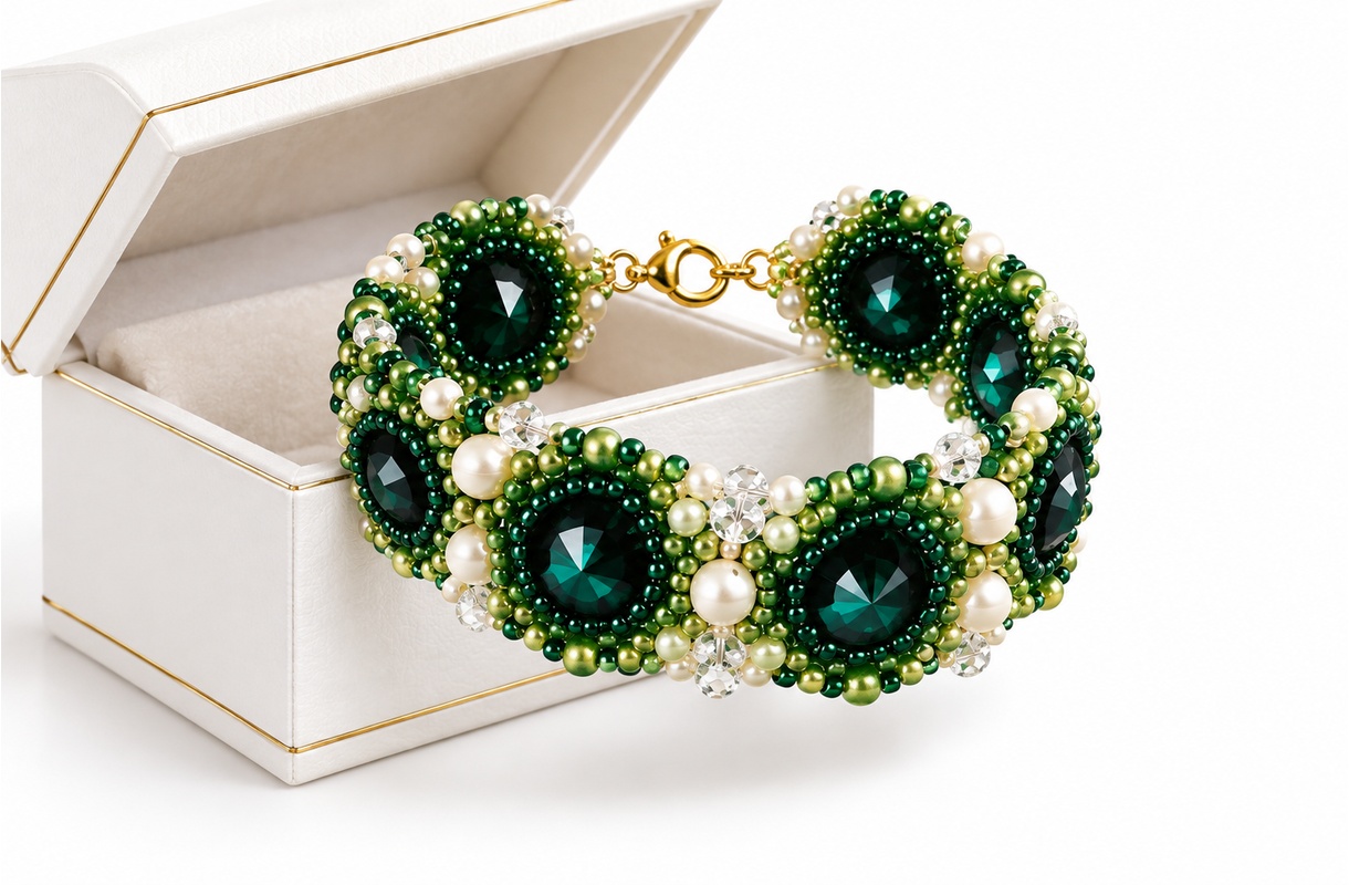 Emerald Bloom Beaded Cuff Bracelet