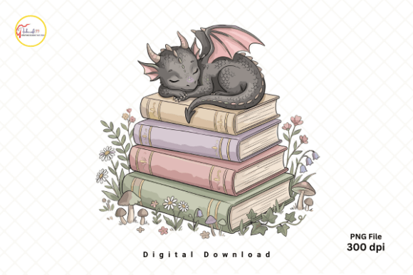 Fantasy Dragon Floral Book Stack PNG