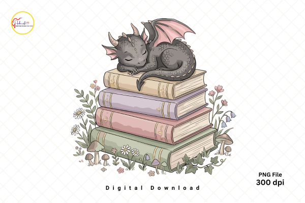 Fantasy Dragon Floral Book Stack PNG