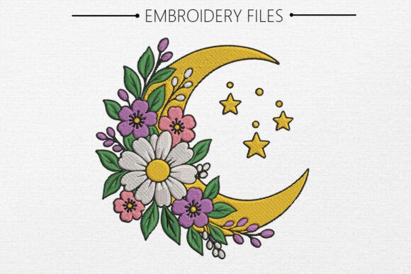 Floral Crescent Moon Embroidery Design