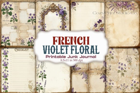 French Violet Floral Junk Journal Paper