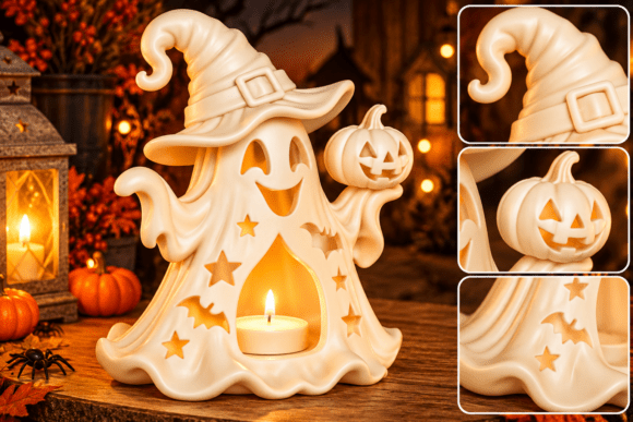 Halloween Ghost Witch Tealight Holder STL – 3D Printable Spooky Décor - Image 1