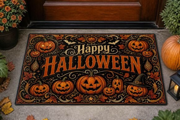 Happy Halloween Autumn Leaves Doormat Illustration Artisanat Par Digital Donkey