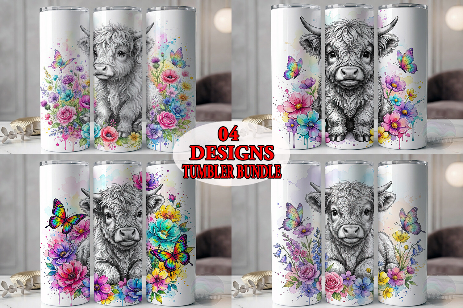 Highland Cow Floral Tumbler Bundle