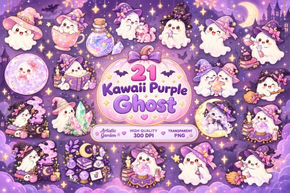Kawaii Purple Ghost Clipart Bundle