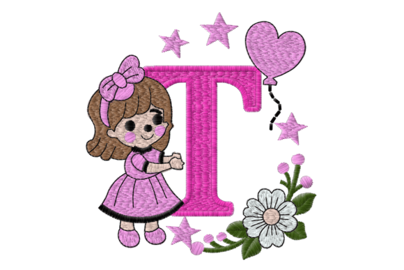 Letter T Girl Machine Embroidery Design