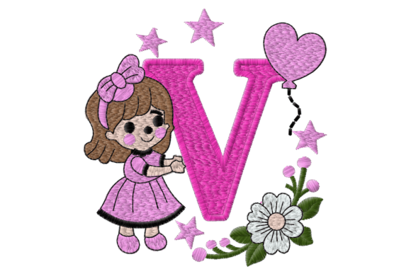 Letter V Girl Machine Embroidery Design