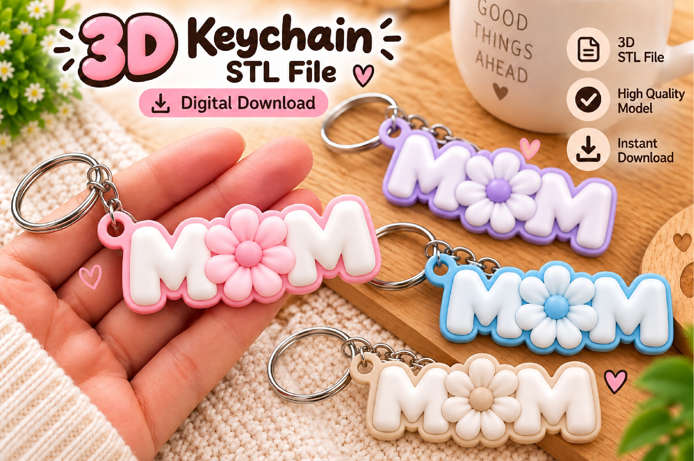 Mom Flower Keychain 3D STL Model - Printable Mother's Day Gift File - Image 5