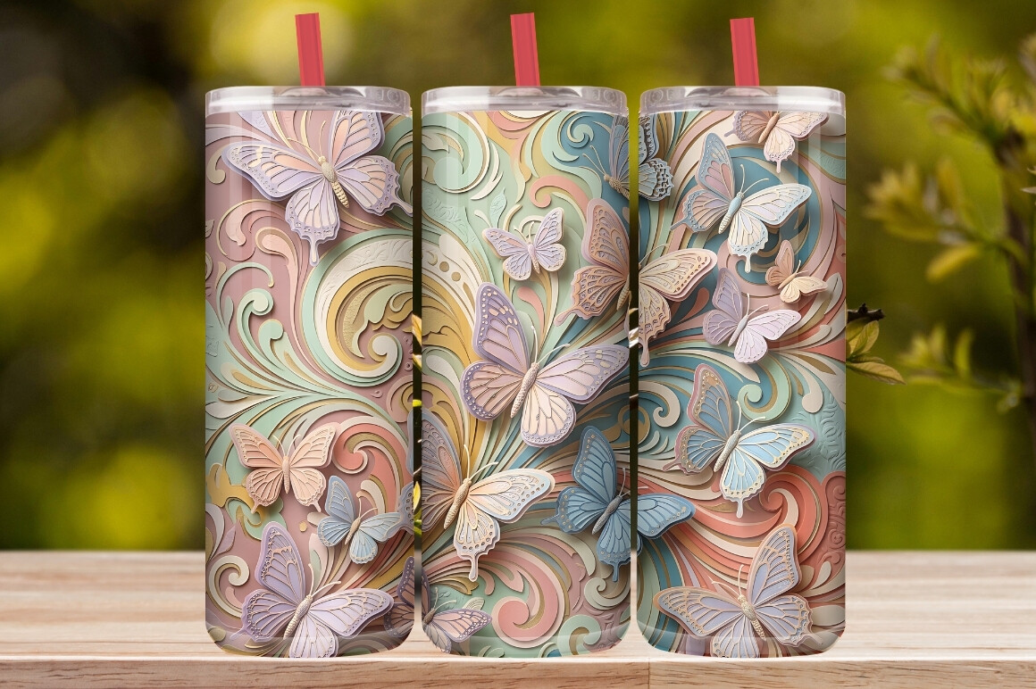 Pastel Butterfly Ribbon Gold Tumbler