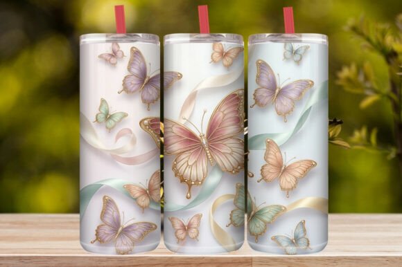 Pastel Butterfly Ribbon Gold Tumbler