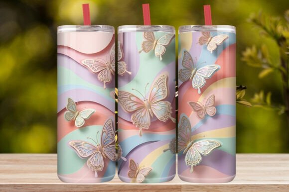 Pastel Butterfly Ribbon Gold Tumbler
